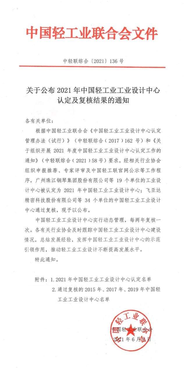 家具行业4家企业工业设计中心被认定为2021年中国轻工业设计中心