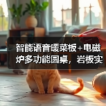 智能语音暖菜板+电磁炉多功能圆桌，岩板实木面板一应俱全